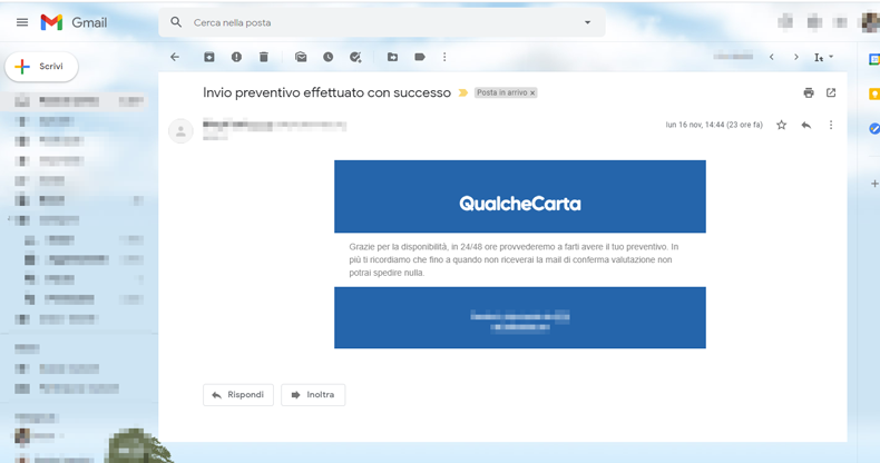 Mail di conferma per l'invio della richiesta di preventivo per carte Magic the Gathering